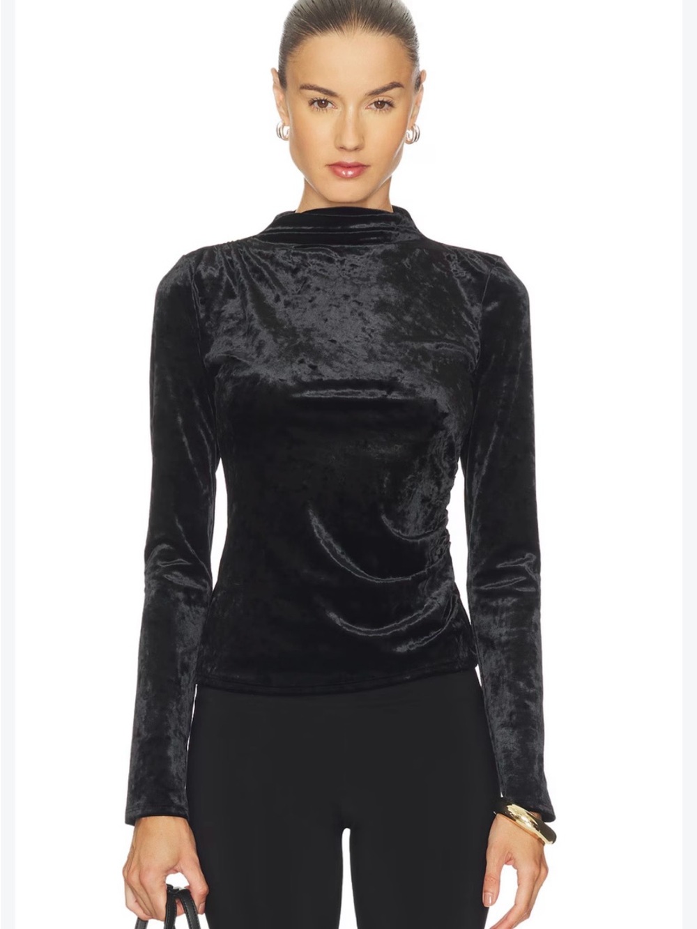 NWT Rails Joelle Black Velvet Long-Sleeve Asymmetrical Mock Neck Top, Shirring,M